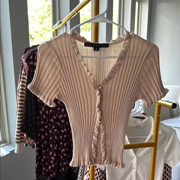Tan Ribbed Ruffled Blouse - Picture 1 of 7